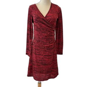 PrAna Nadia Dress Red Black Wrap Midi Wrap Medium Long Sleeves Space Dye